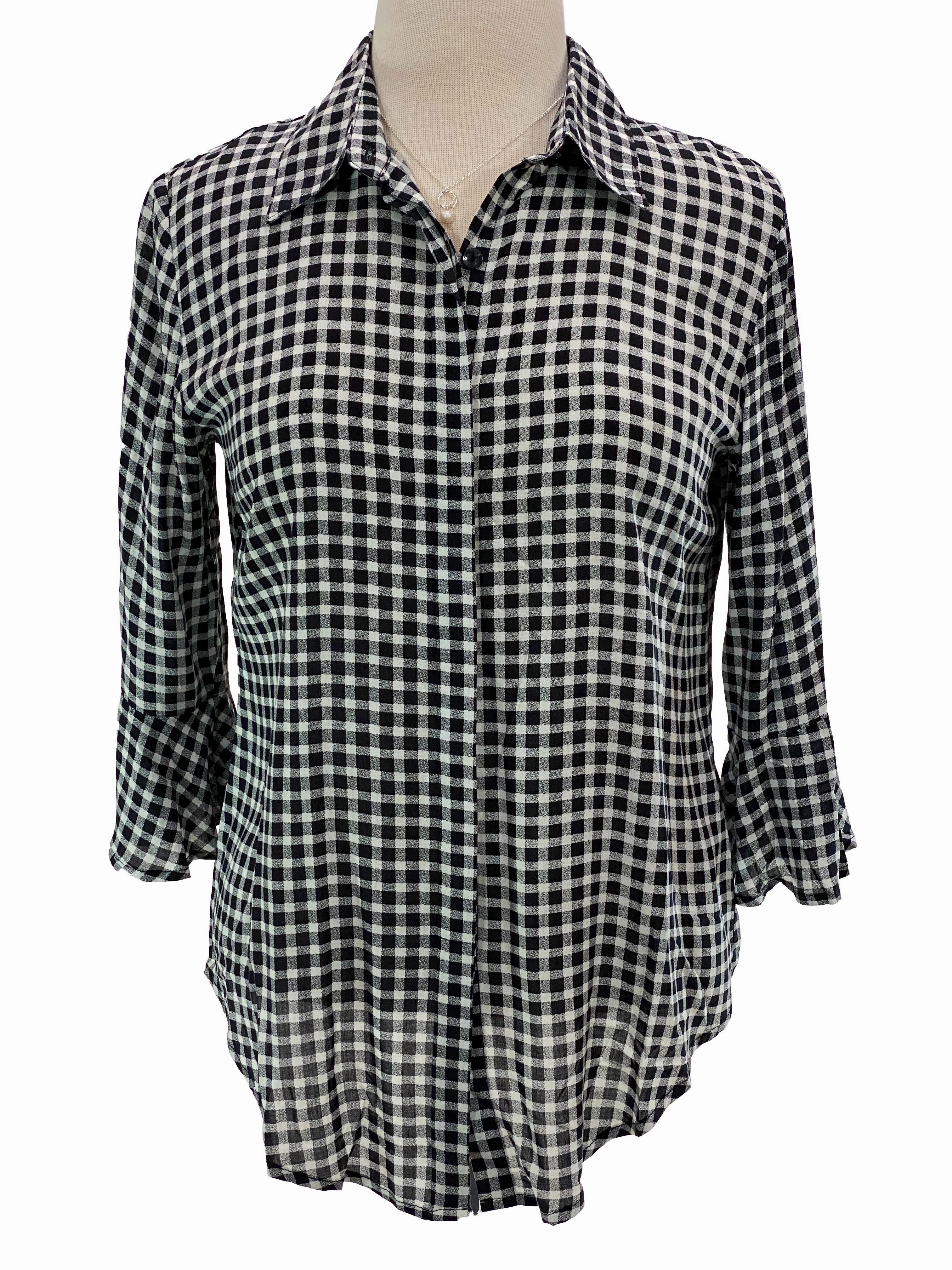 3/4 Sleeve Flair Black White Check