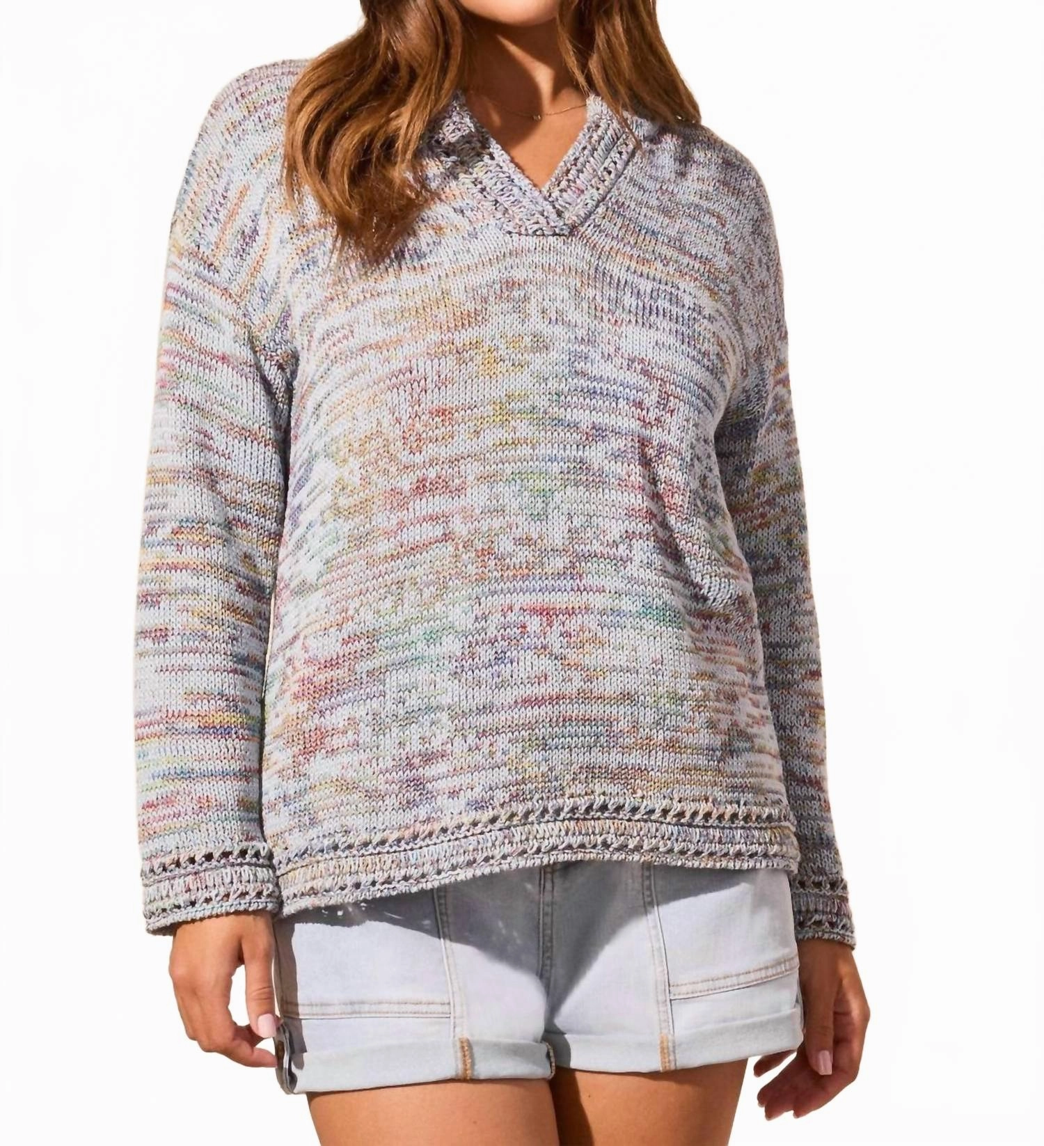 3/4 Sleeve V-Neck Hooded Sweater In Riviera
