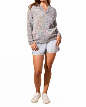 3/4 Sleeve V-Neck Hooded Sweater In Riviera Tops Womens - peplum tops outlet