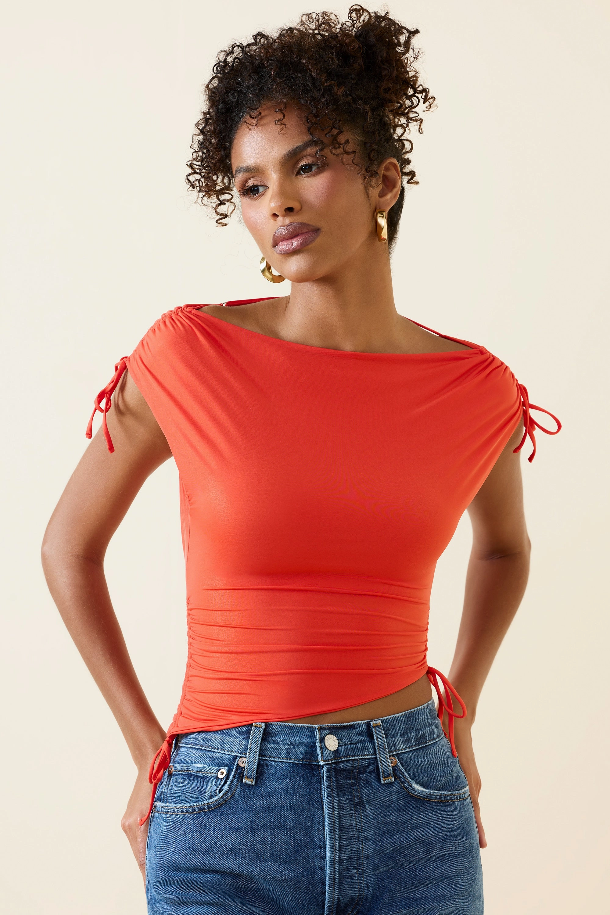 Asymmetric Ruched Cowl-Back Crop Top in Scarlet Tops - tops on sale