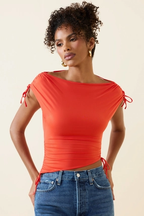 Asymmetric Ruched Cowl-Back Crop Top in Scarlet Tops - tops on sale