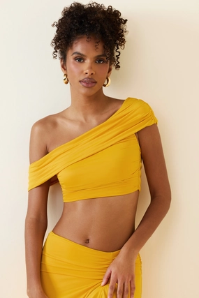 Asymmetric Ruched Off-Shoulder Crop Top in Golden Yellow Tops - tops on sale