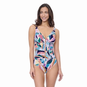 Aura D Cup V Neck One Piece With Beaded Ladder Detail Swim Womens - shirred swimwear