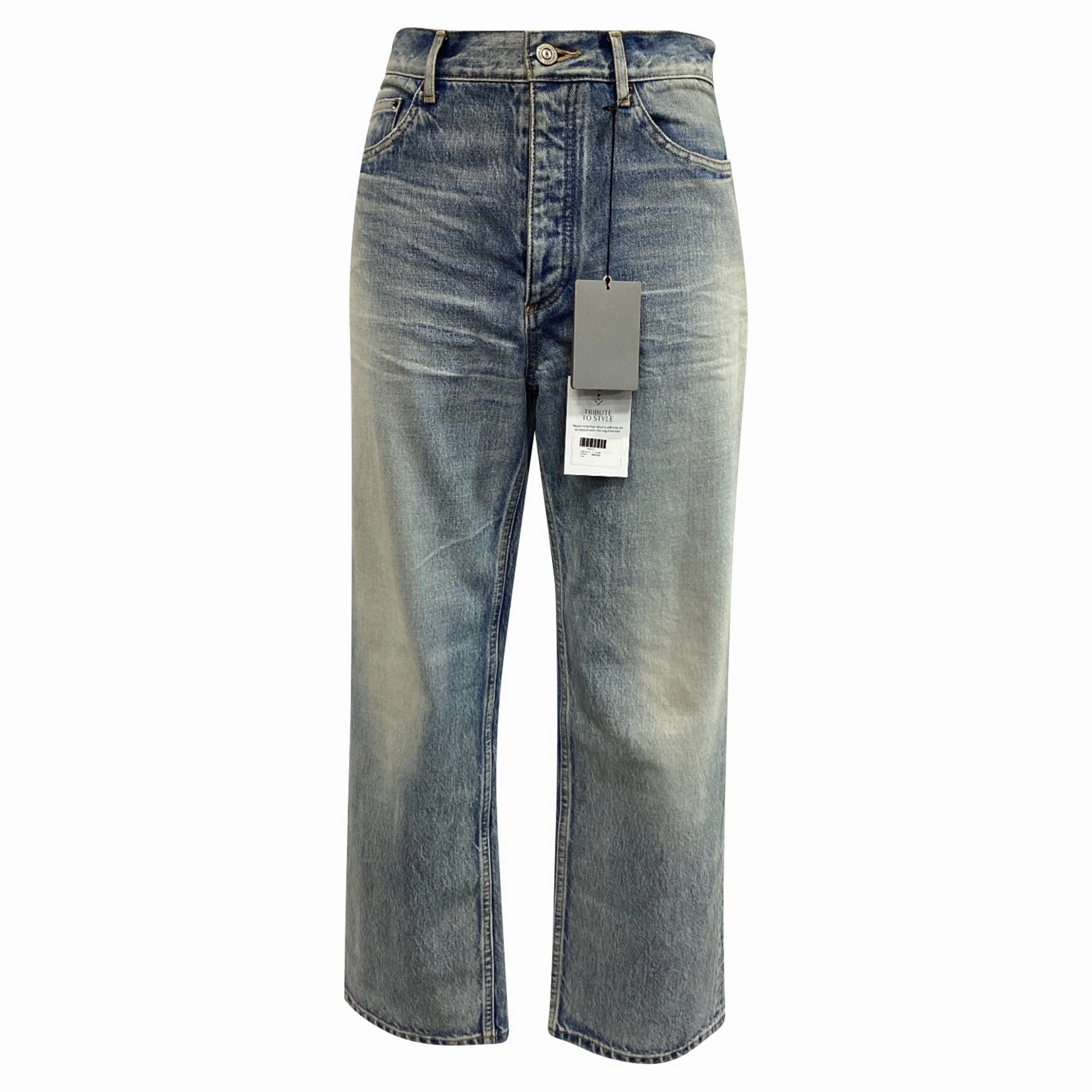 Balenciaga Mid-Rise Washed Tapered Jeans in Light Blue Denim womens capris online shop