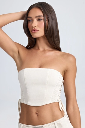 Bandeau Lace-Up Corset Crop Top in Ecru Tops - tops on sale