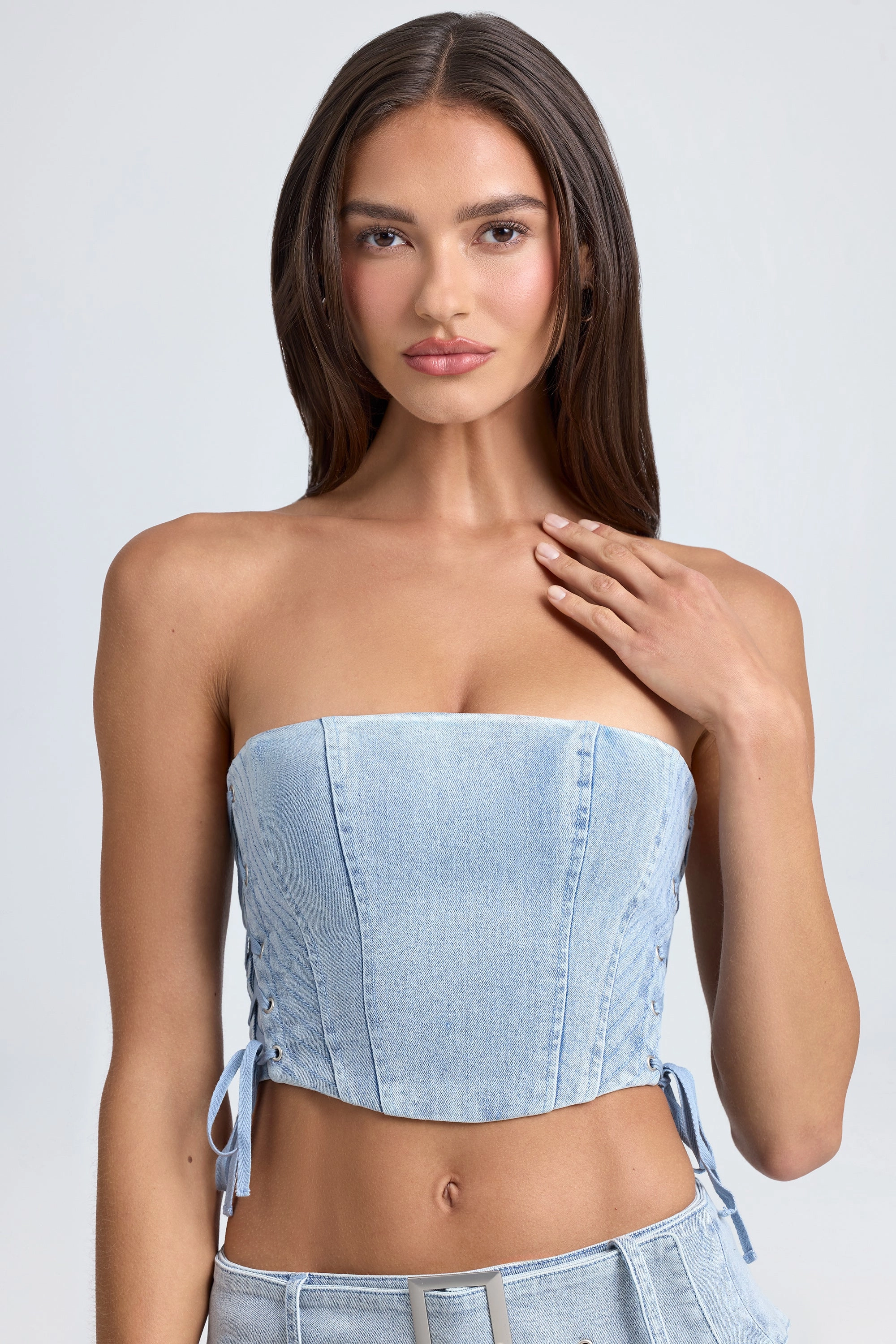 Bandeau Lace-Up Corset Crop Top in Light Blue Stonewash Tops - tops on sale