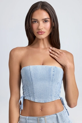 Bandeau Lace-Up Corset Crop Top in Light Blue Stonewash Tops - tops on sale