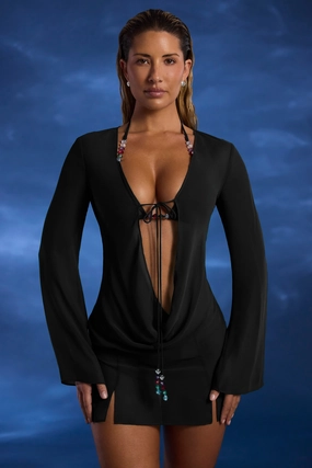 Bead-Embellished Cowl-Neck Sheer Mini Dress in Black Swim Womens - cover-ups clearance