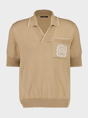 Beige cusson Embroidered Knit Polo Shirt Tops Mens - men's t-shirts outlet