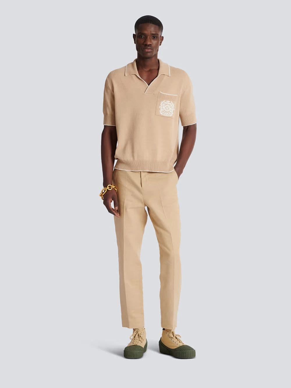 Beige cusson Embroidered Knit Polo Shirt
