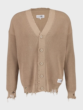 Beige Oversized Distressed Cotton Cardigan Knitwear Mens - men's sweaters sale