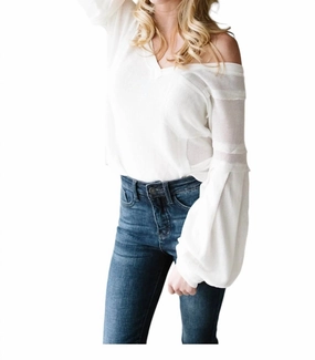 Bellissimo Draped V-Neck Sweater In White Tops Womens - asymmetrical tops