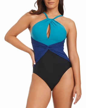 Beyond Control Swimwear Colorblock High Neck One Piece Swim Womens - reversible swimsuits