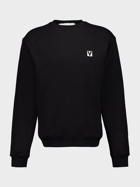 Black Cotton Crewneck Sweatshirt with Chez Valentino Patch Tops Mens - thermal tops