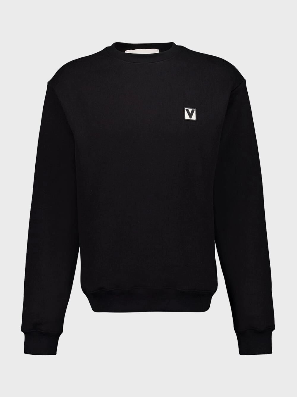 Black Cotton Crewneck Sweatshirt with Chez Valentino Patch Tops Mens - thermal tops
