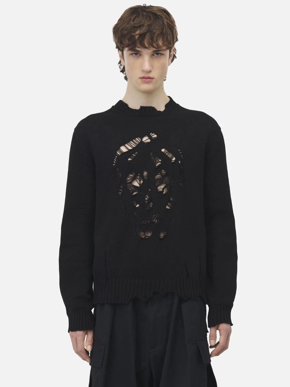 Black Distressed Skull Crew Neck Jumper Knitwear Mens - men's sweaters sale