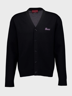 Black Double Wool Cardigan with Embroidery Knitwear Mens - men's sweaters sale