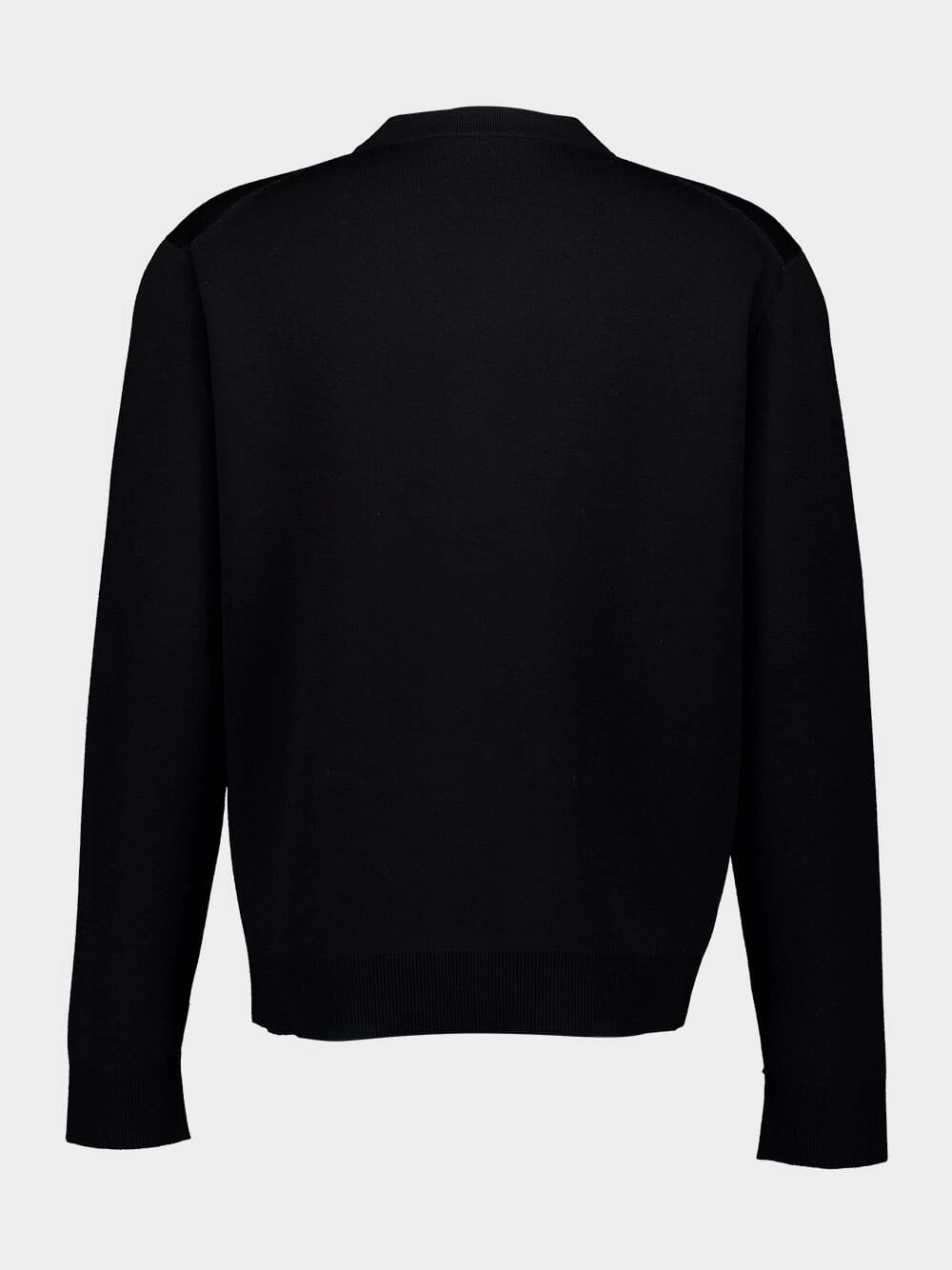 Black Double Wool Cardigan with Embroidery
