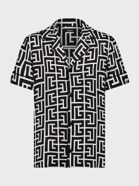Black Monogram Printed Relaxed Fit Pyjama Shirt Tops Mens - graphic tees sale