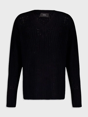 Black Open Knit V-Neck Sweater Knitwear Mens - men's sweaters sale