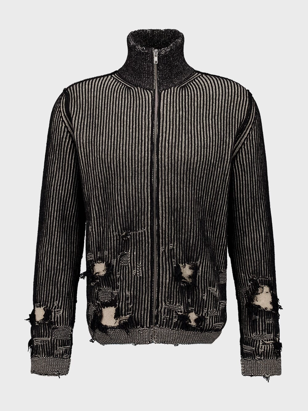 Black Ribbed Wool Zip Cardigan