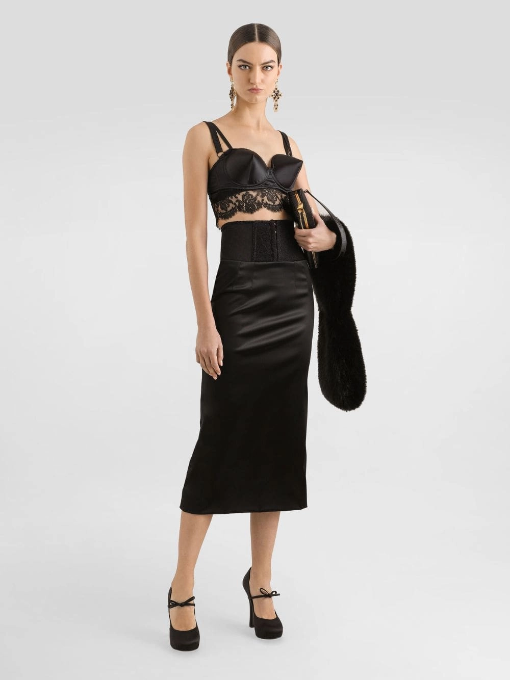 Black Satin Corset-Belt Midi Skirt womens slacks clearance