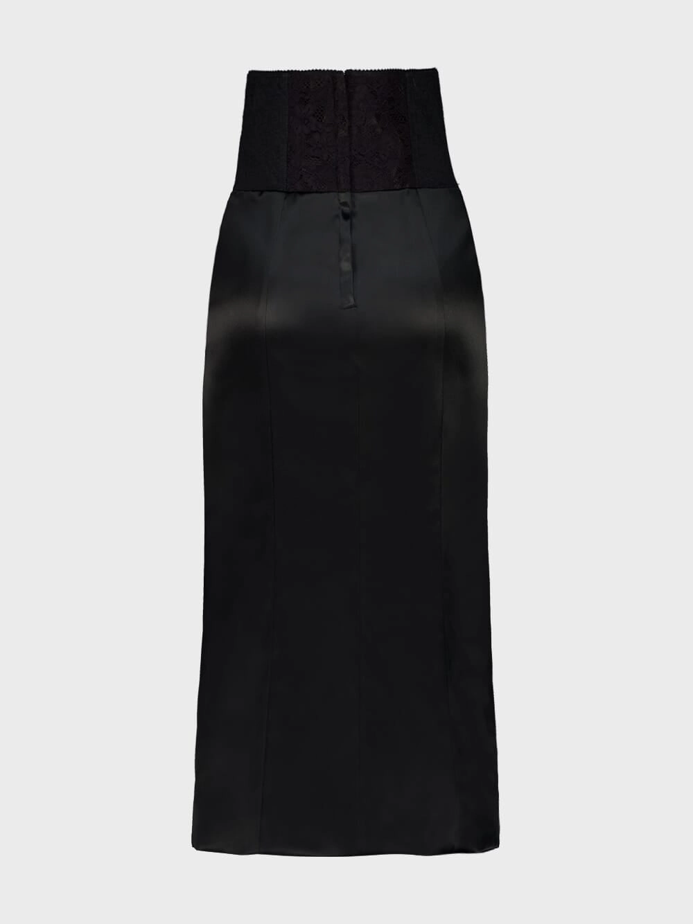 Black Satin Corset-Belt Midi Skirt