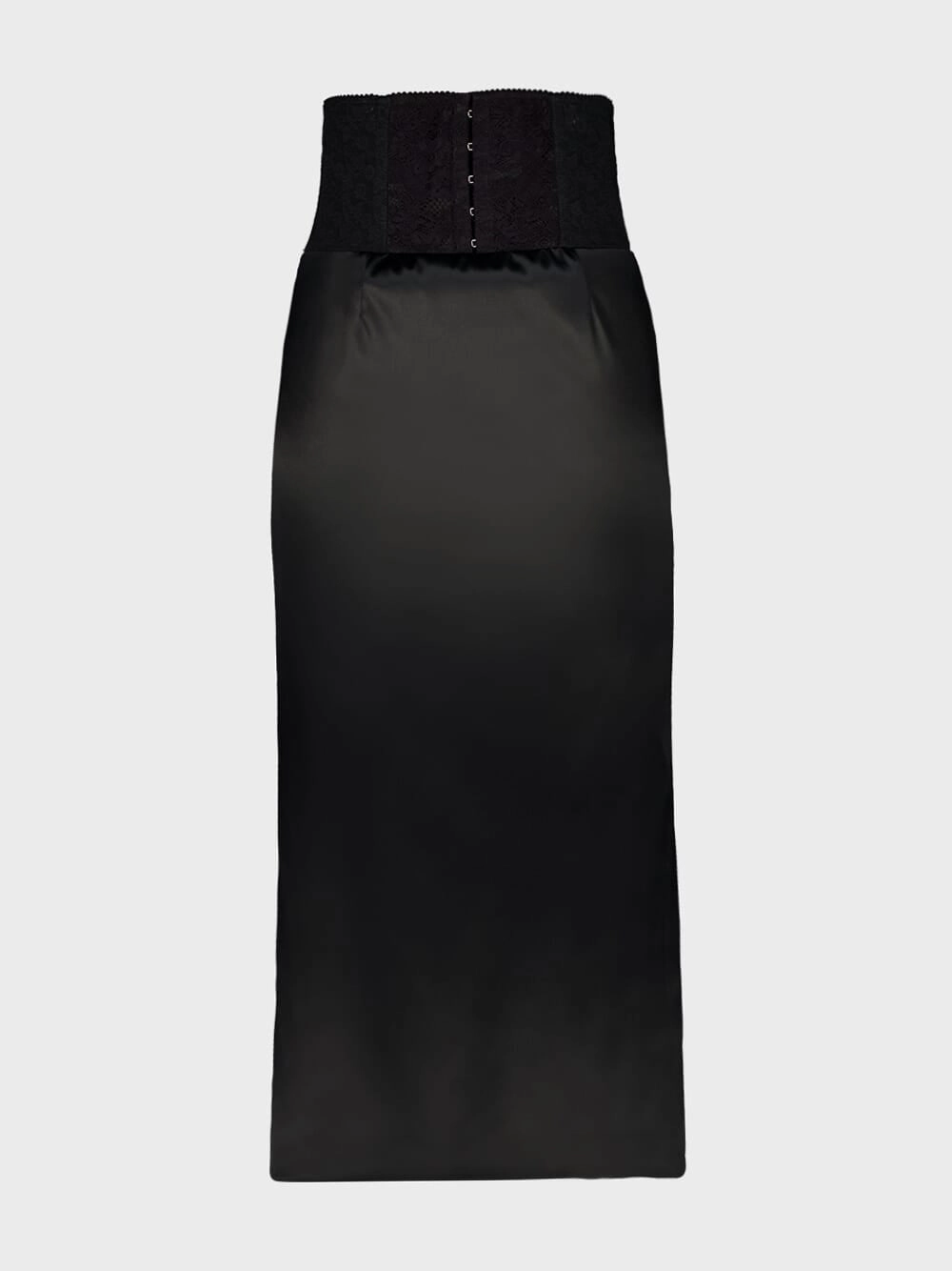 Black Satin Corset-Belt Midi Skirt