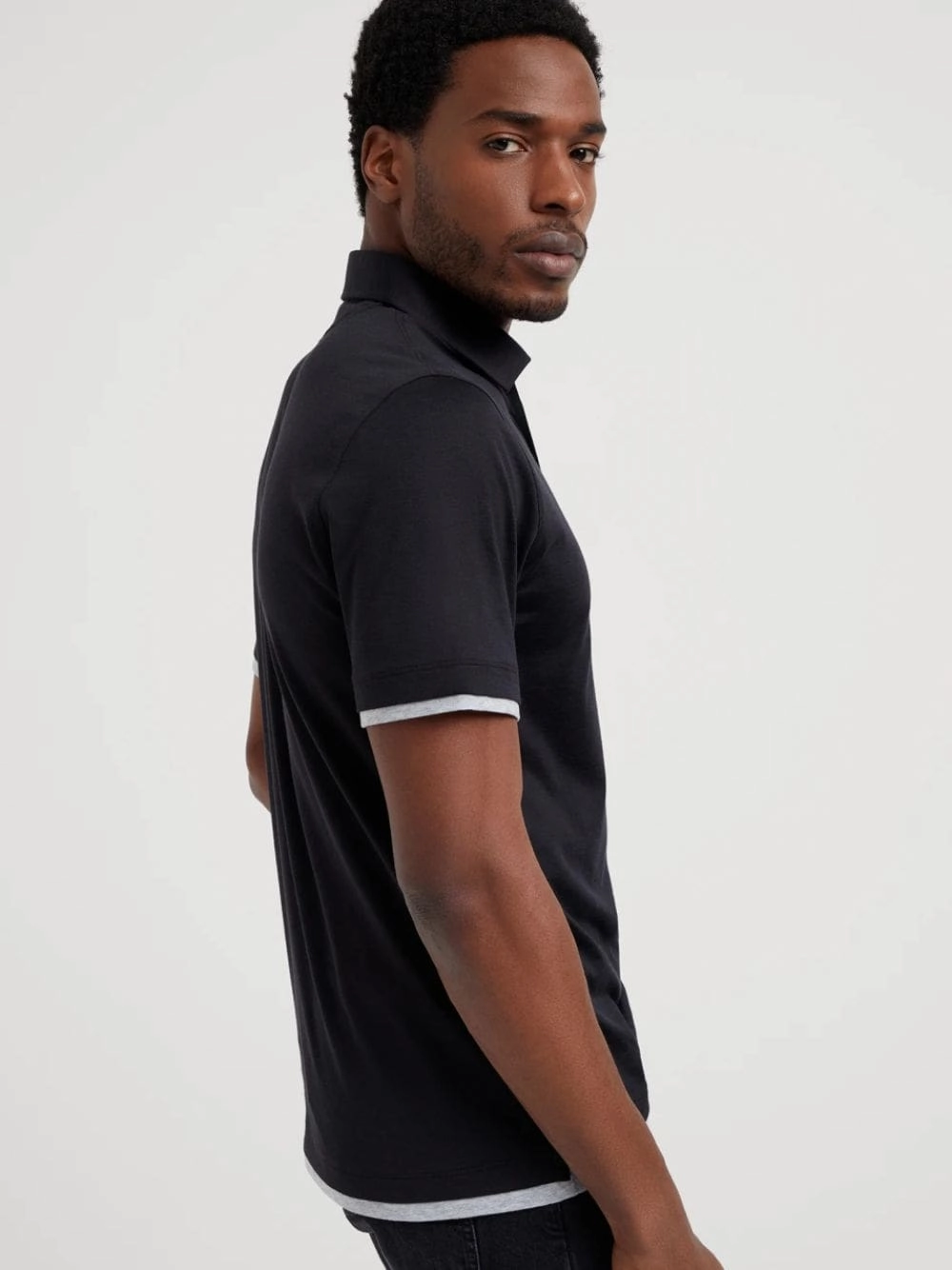 Black Silk-Cotton Faux-Layer Polo