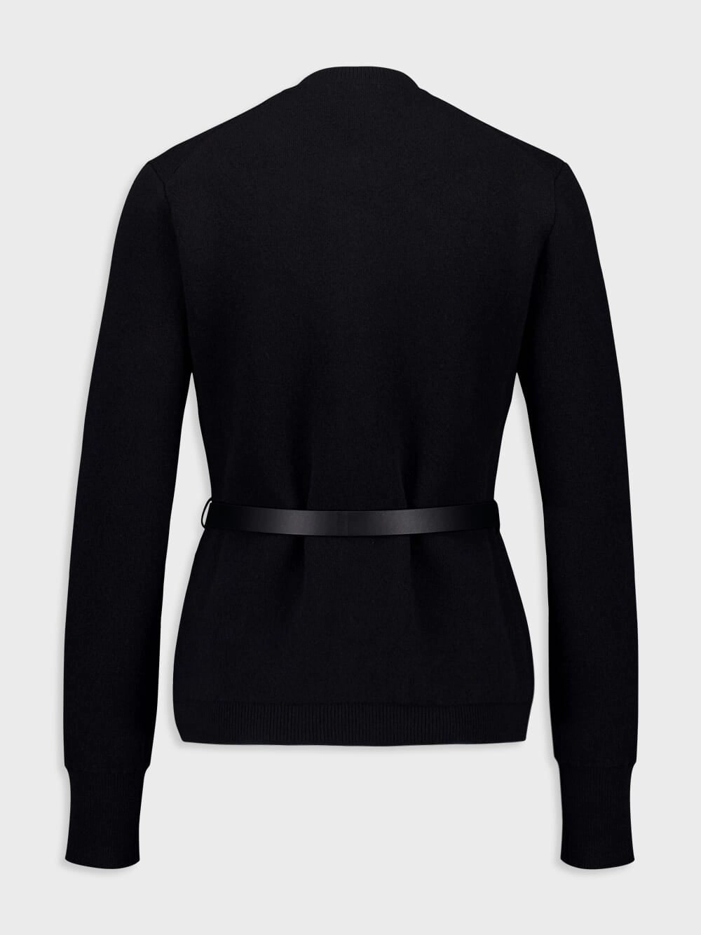 Black Wool Cardigan with Leather Belt