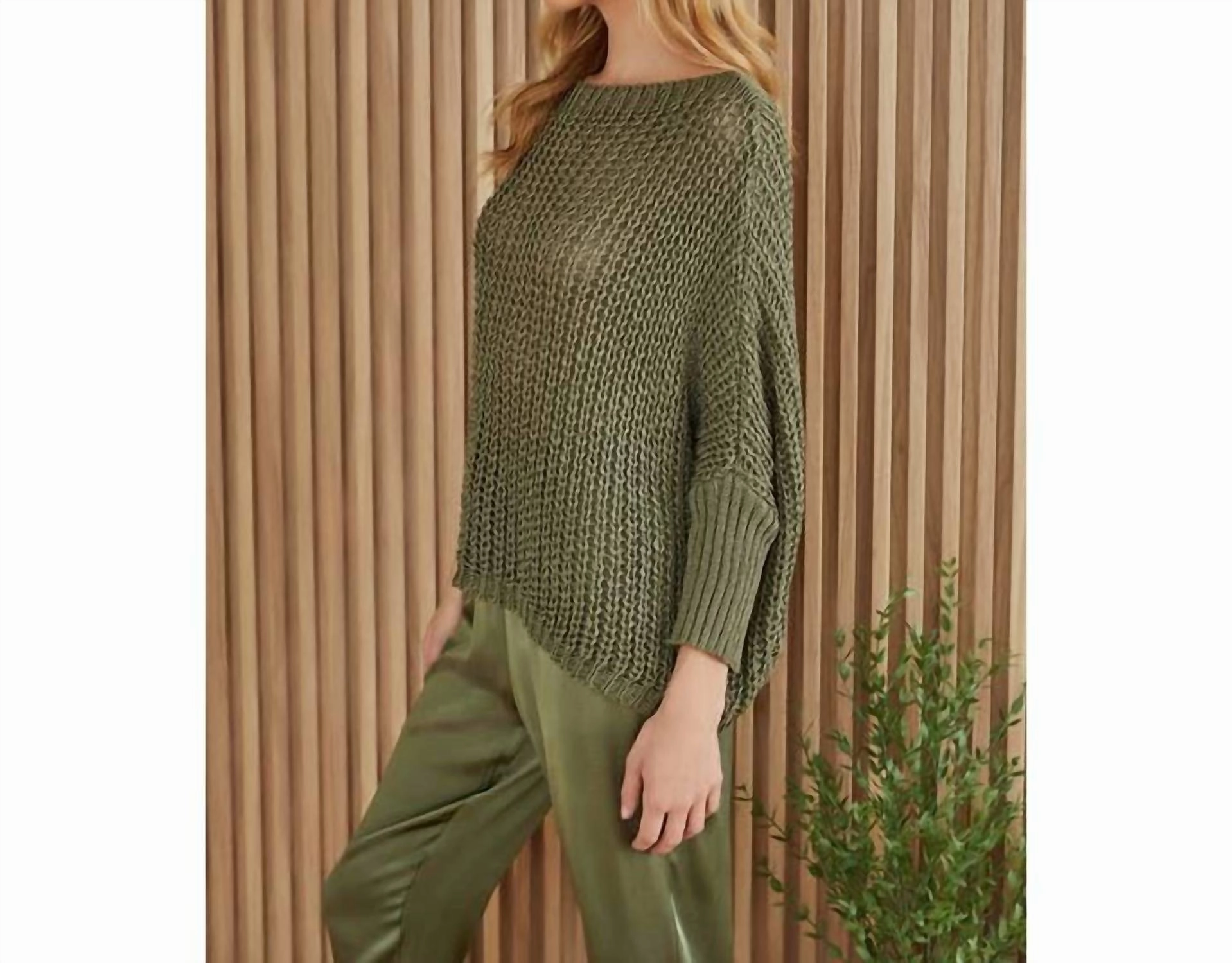 Boatneck Drop Shoulder Long Sleeve Sweater In Army Green