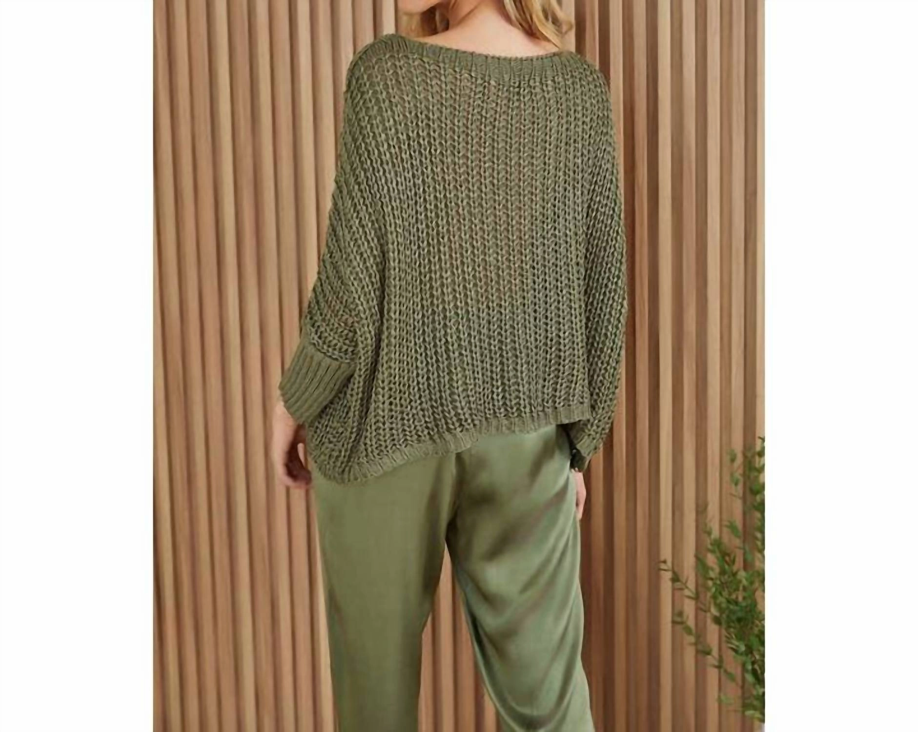 Boatneck Drop Shoulder Long Sleeve Sweater In Army Green