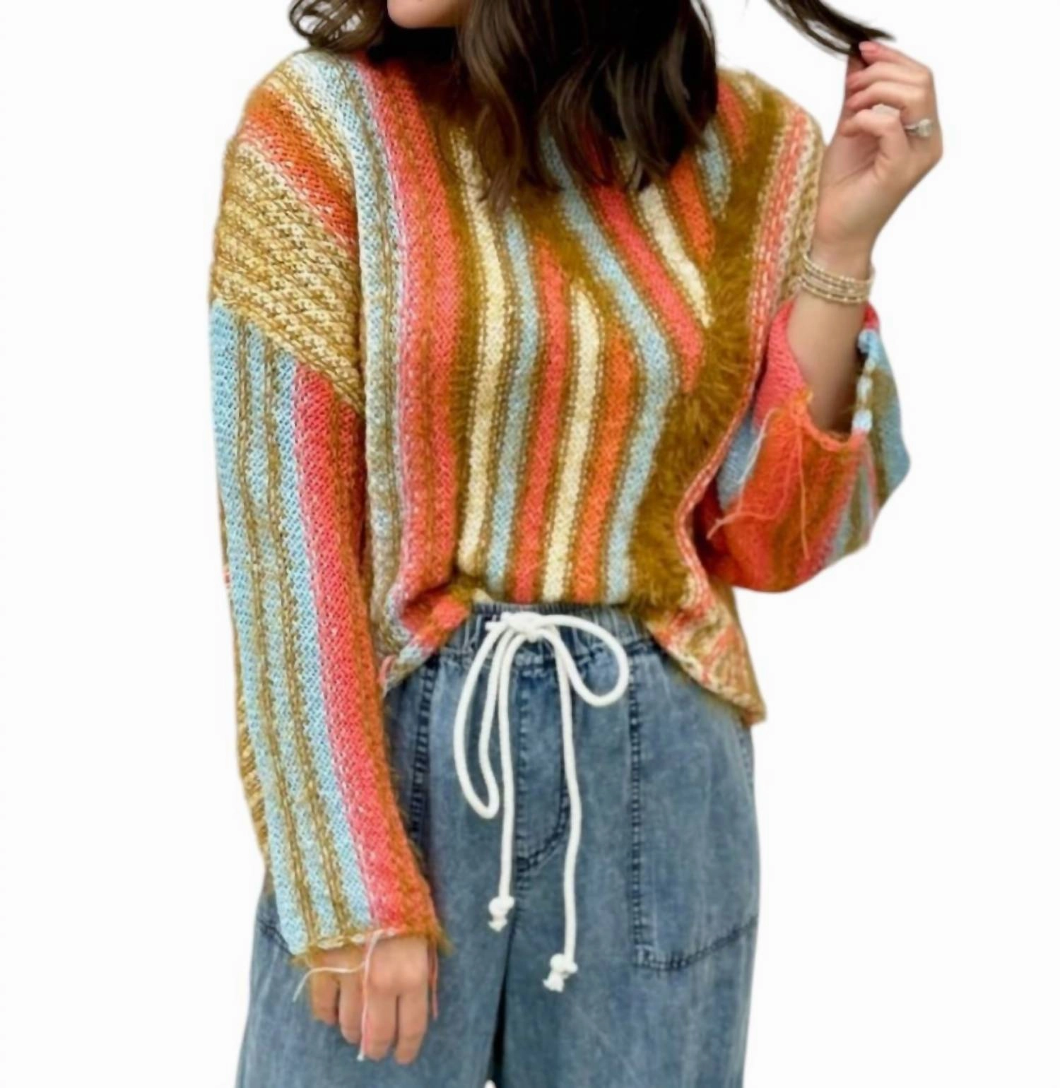Bohemian Print Sweater In Coral Combo Tops Womens - tie-front tops cheap