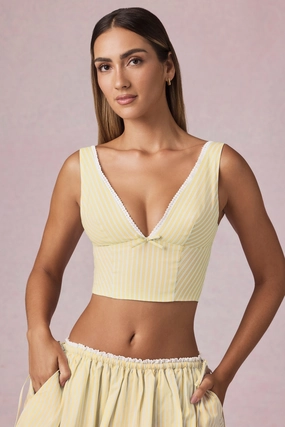 Bow-Detail Crop Top in Lemon Yellow Stripe Tops - tops on sale