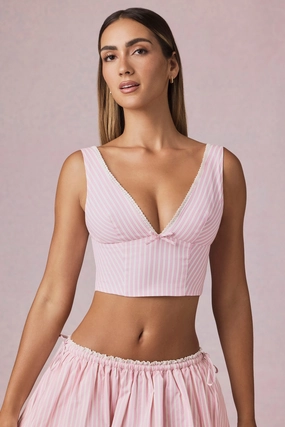 Bow-Detail Crop Top in Soft Mauve Stripe Tops - tops on sale