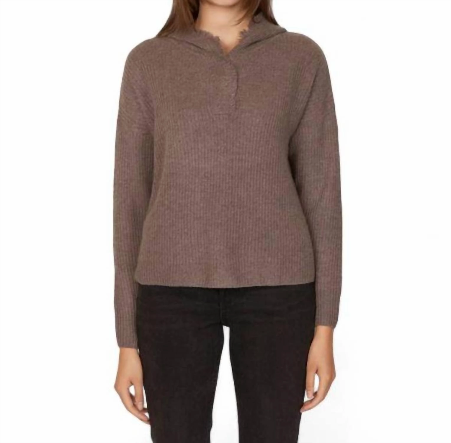 Boxy Shaker Fringe Hoodie With Snaps In Mulch