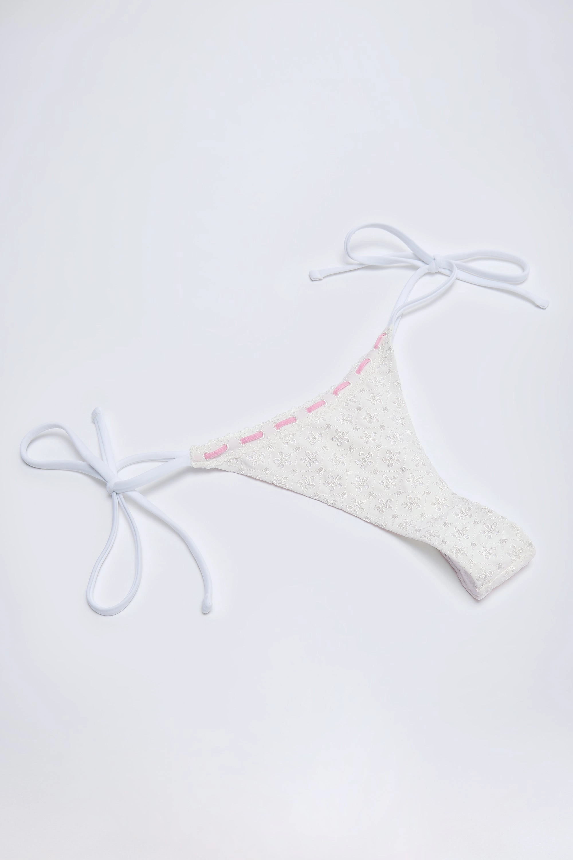 Broderie Anglaise Side-Tie Thong Bikini Bottoms in White