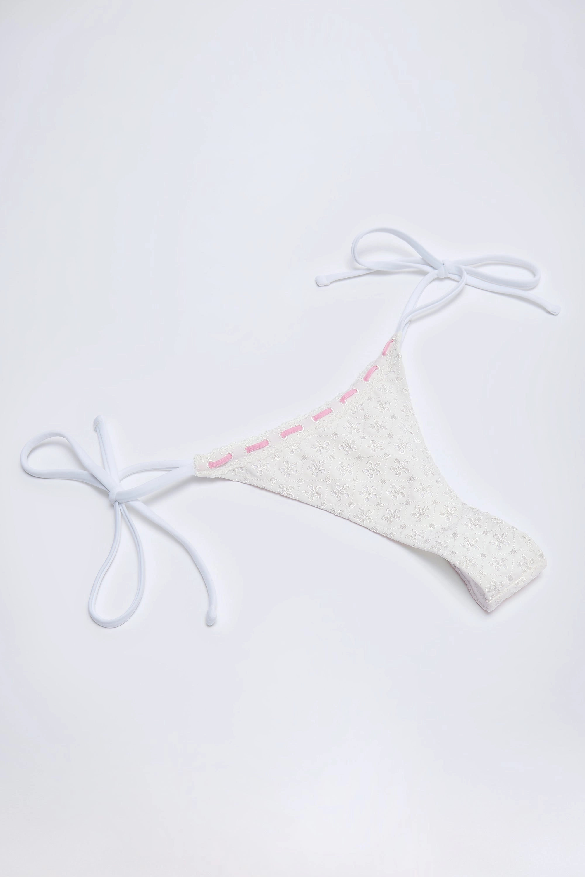 Broderie Anglaise Side-Tie Thong Bikini Bottoms in White