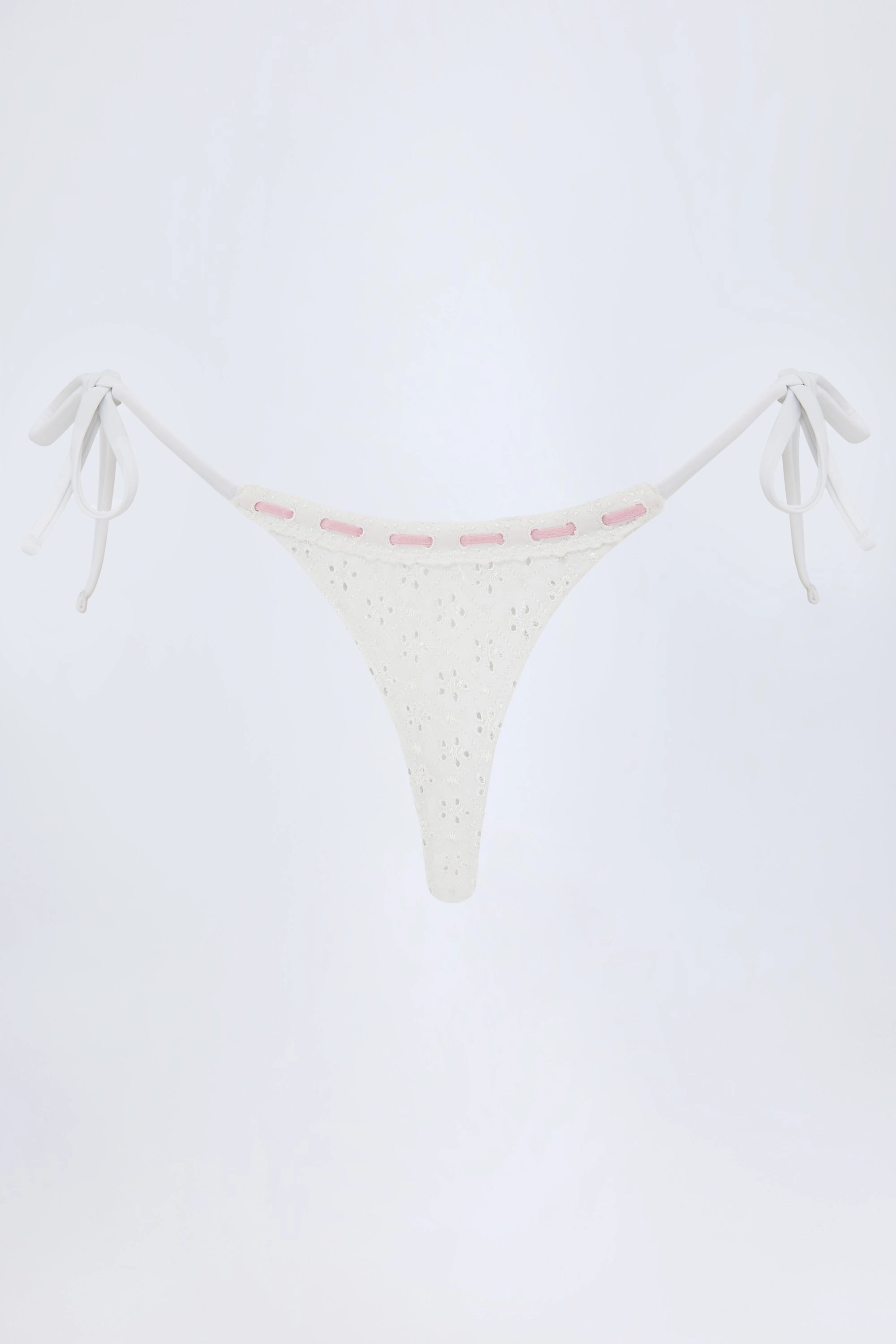 Broderie Anglaise Side-Tie Thong Bikini Bottoms in White