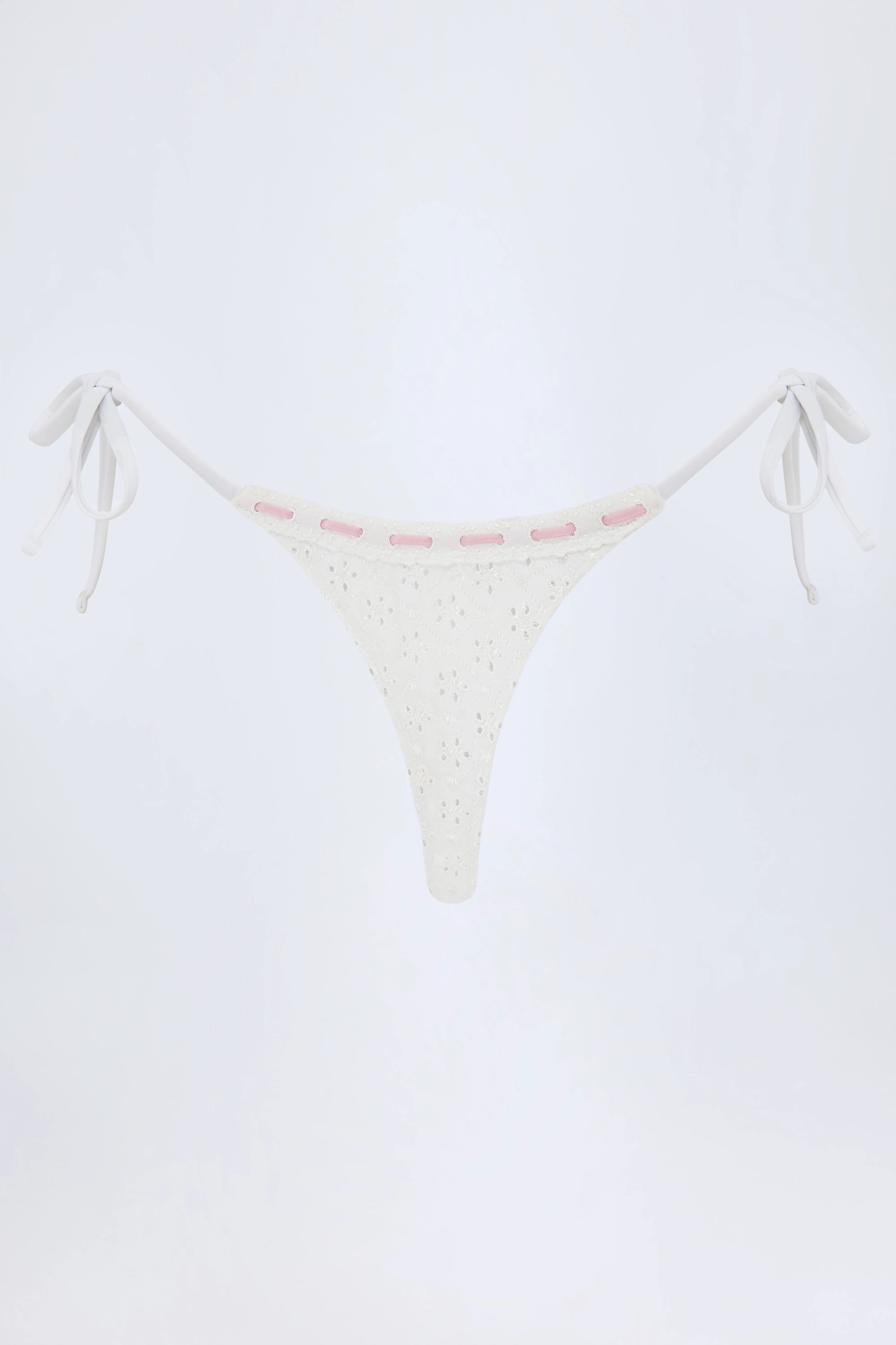 Broderie Anglaise Side-Tie Thong Bikini Bottoms in White