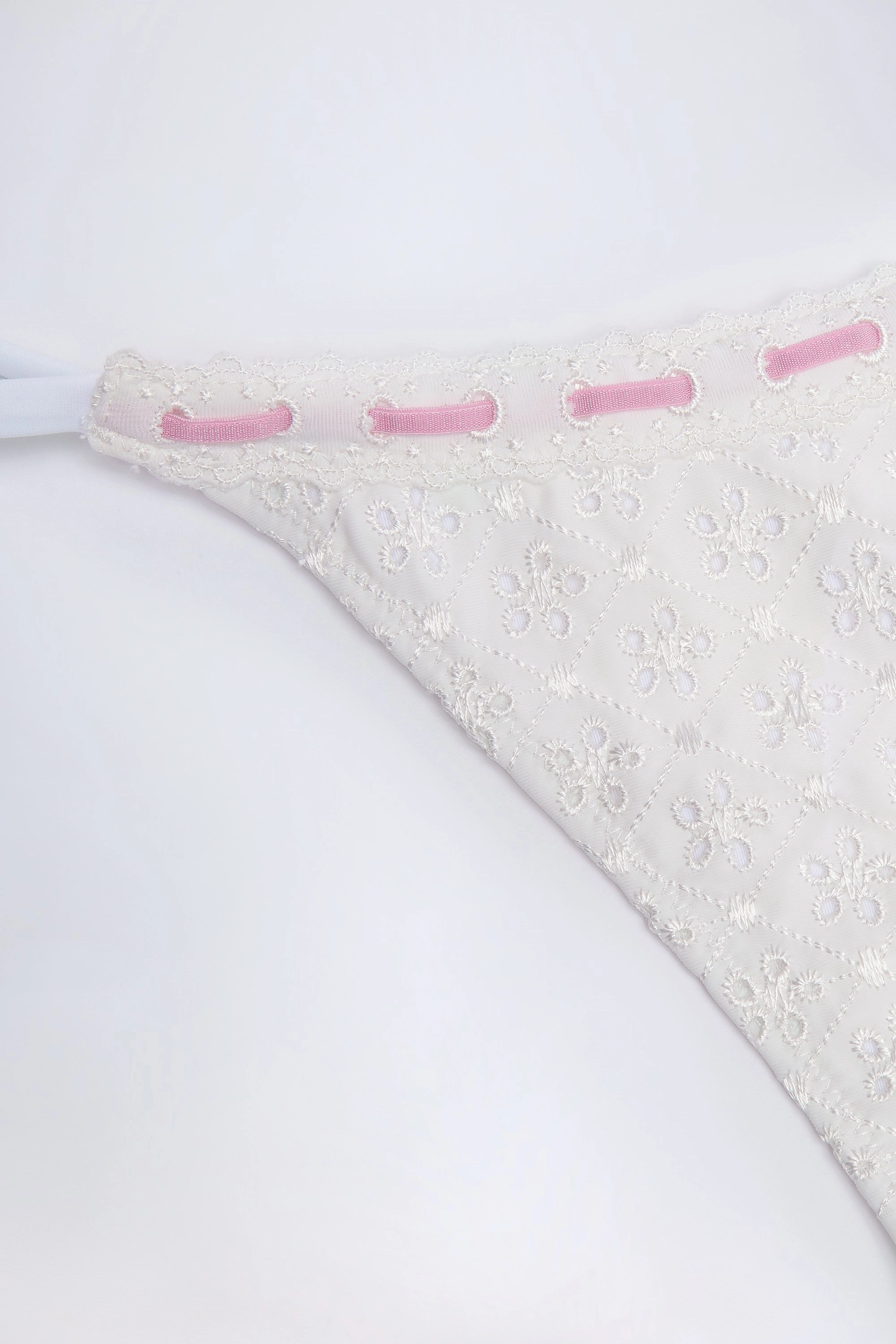 Broderie Anglaise Side-Tie Thong Bikini Bottoms in White