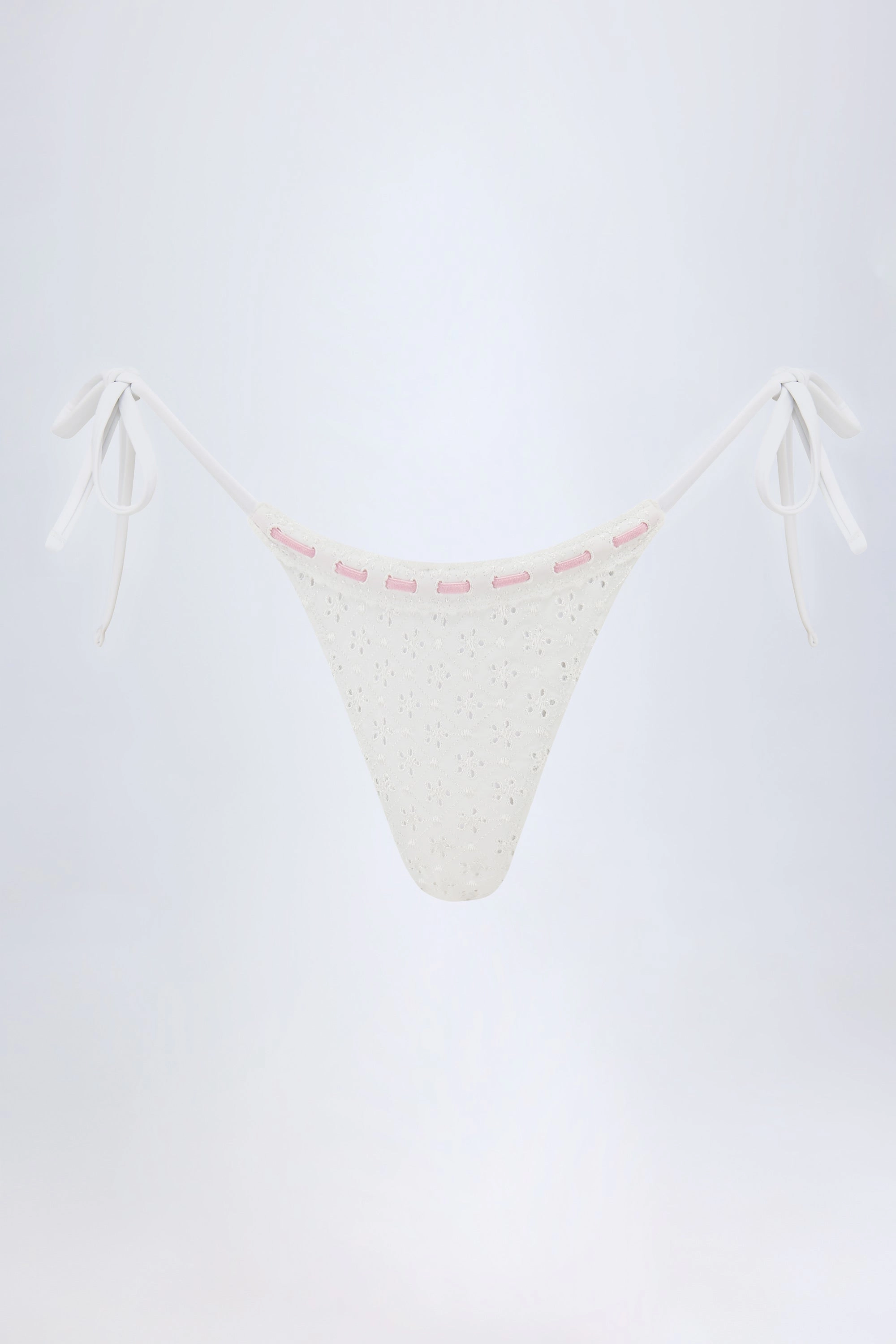 Broderie Anglaise Side-Tie Thong Bikini Bottoms in White