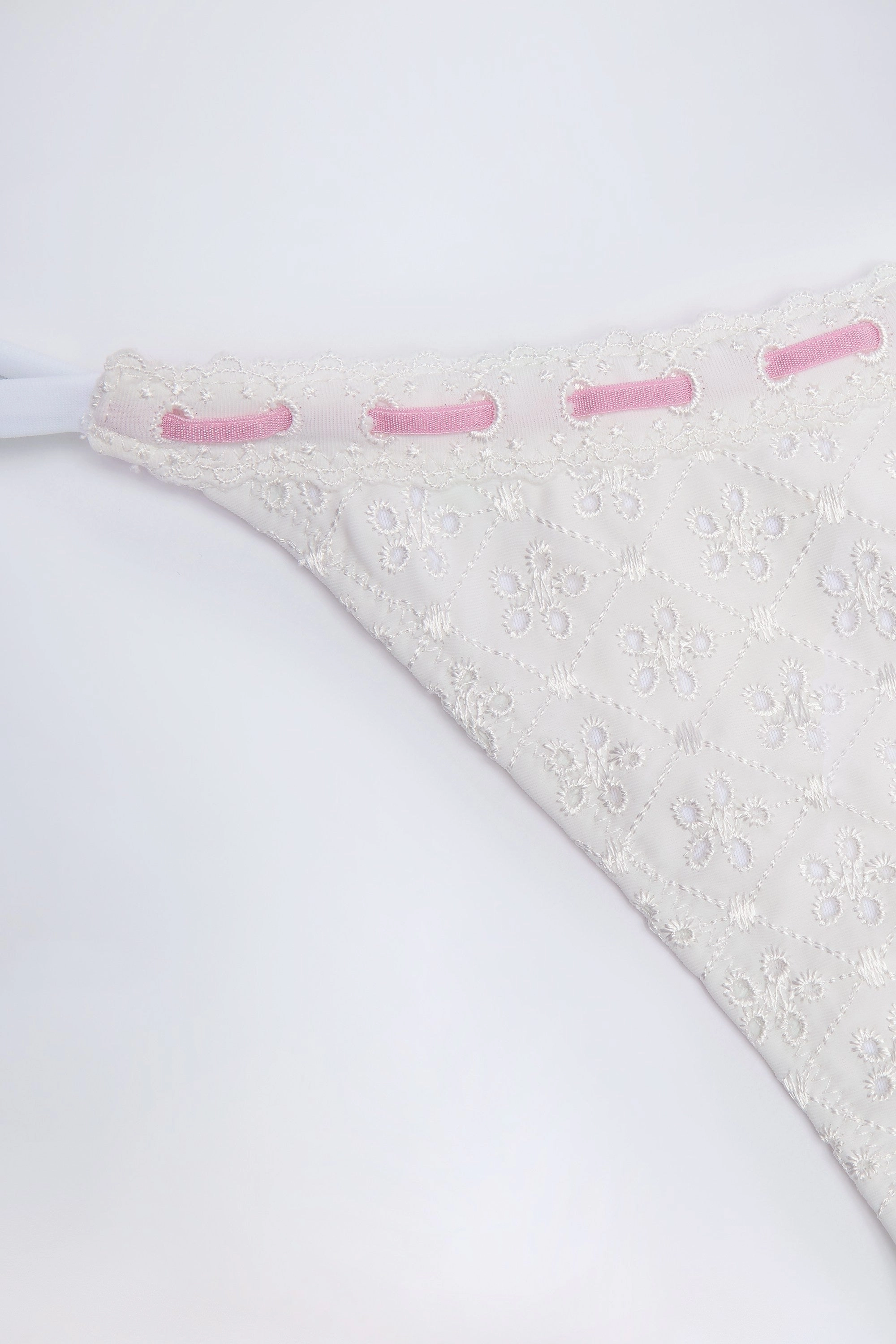 Broderie Anglaise Side-Tie Thong Bikini Bottoms in White