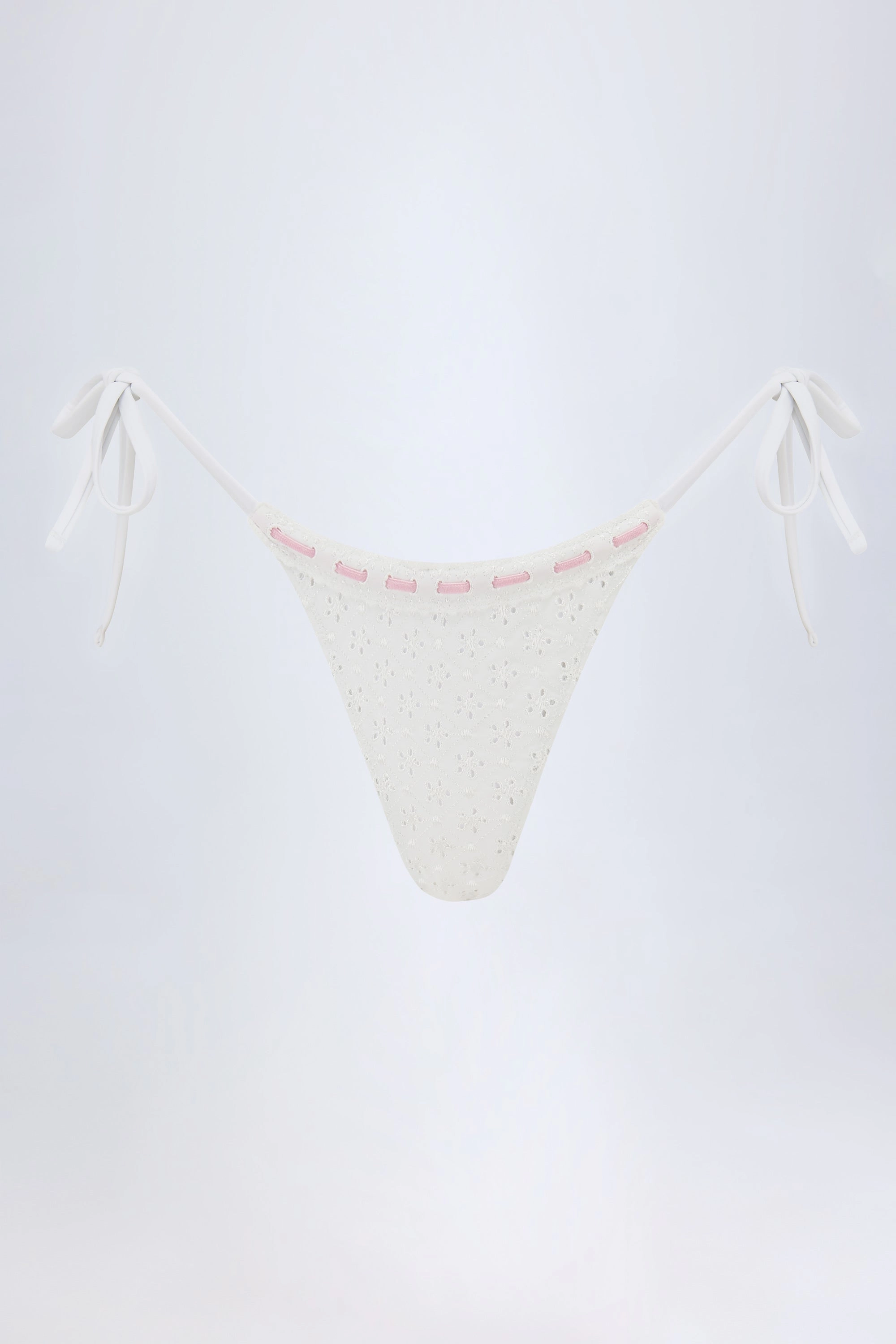 Broderie Anglaise Side-Tie Thong Bikini Bottoms in White