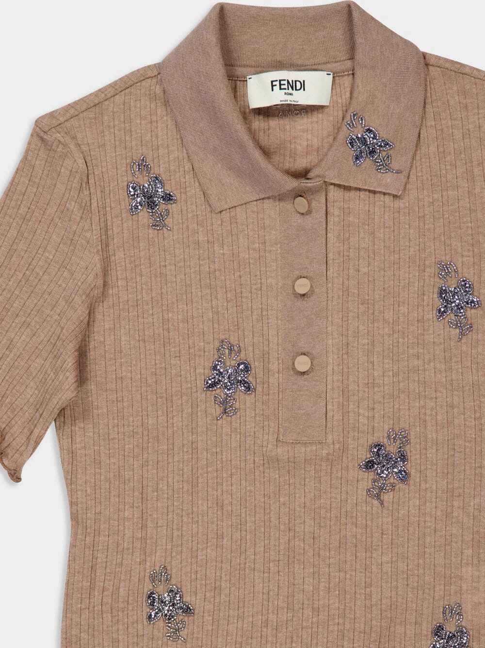 Brown Embroidered Cropped Polo Shirt