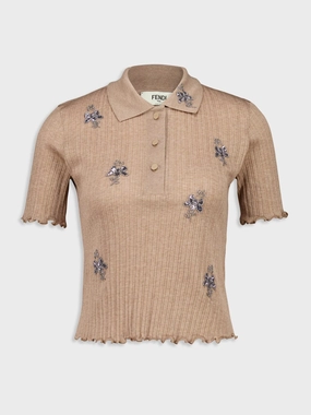 Brown Embroidered Cropped Polo Shirt Knitwear Womens - women's knitwear cheap