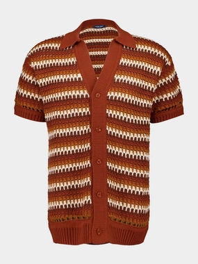 Brown V-Neck Pinto Crochet Cotton Shirt Knitwear Mens - men's sweaters sale