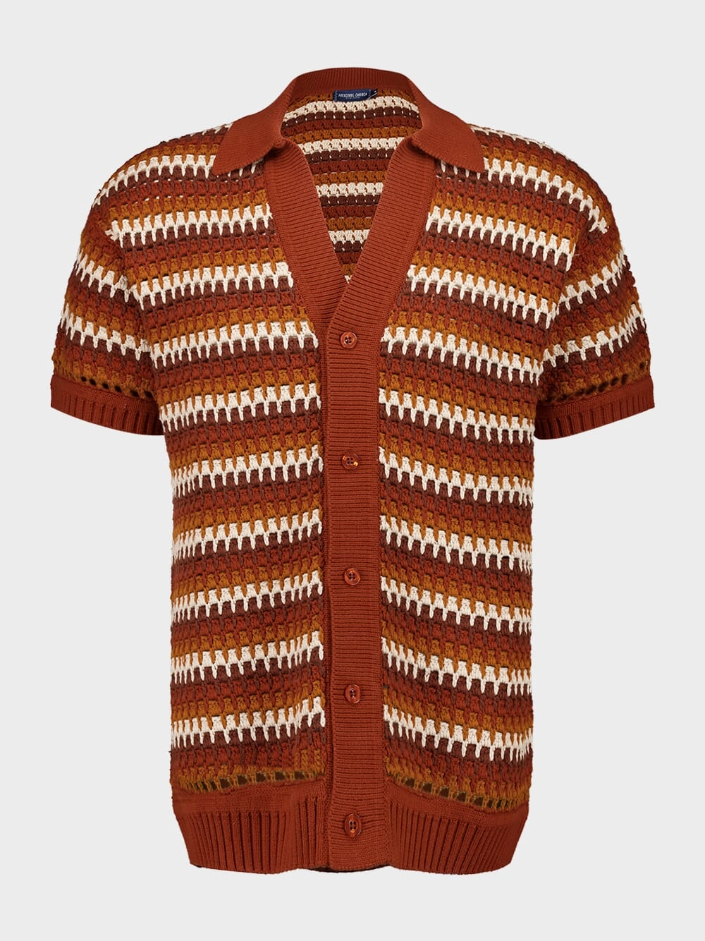Brown V-Neck Pinto Crochet Cotton Shirt Knitwear Mens - men's sweaters sale