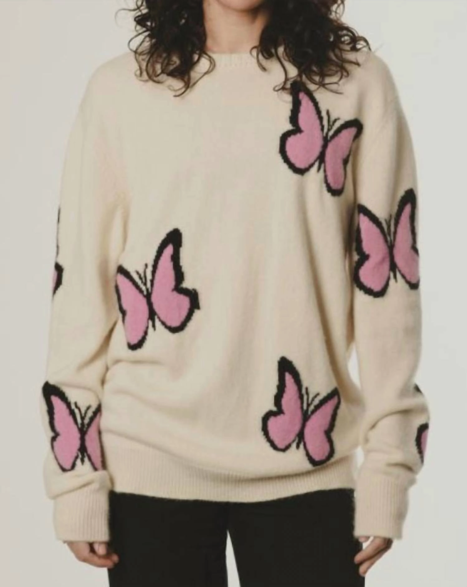 Butterfly Crew Sweater In Cream/pink Tops Womens - halter tops sale