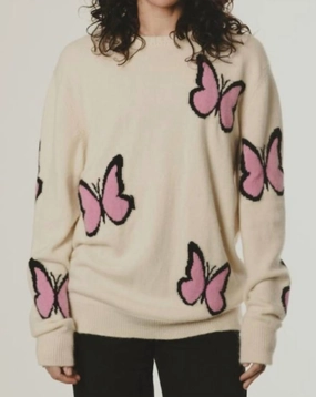 Butterfly Crew Sweater In Cream/pink Tops Womens - halter tops sale